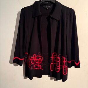 Ming Wang Blazer Jacket Cardigan Red Black Open Front Stretch Office Luxury Sz M